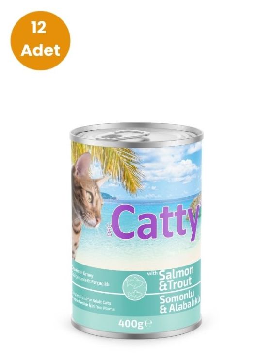 Catty Somon & Alabalık Eti Parçacıklı Sos İçinde Yetişkin Kedi Konservesi 400 gr x 12 Adet
