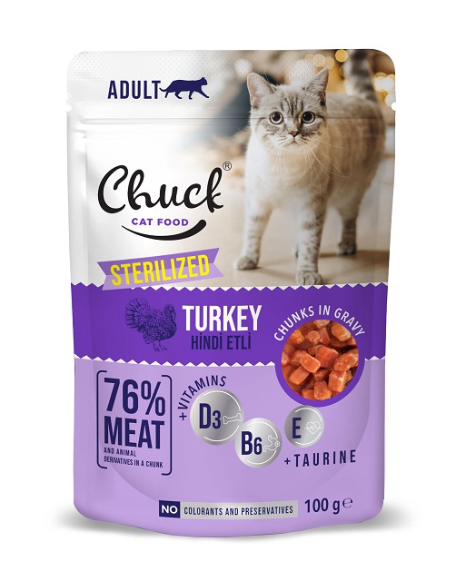 Chuck - Chuck Sterilised Hindili Kısır Kedi Pouch Mama 100 Gr X 24 Adet