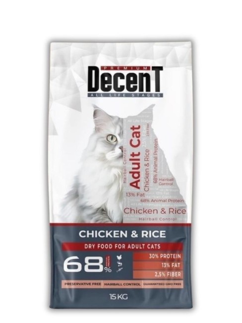 Decent - Decent Tavuklu ve Pirinçli Yetişkin Kedi Maması 15 Kg