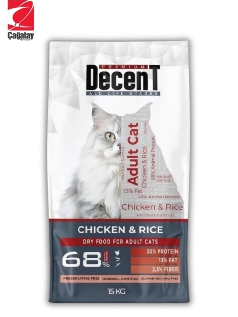 Decent - Decent Tavuklu ve Pirinçli Yetişkin Kedi Maması 15 Kg