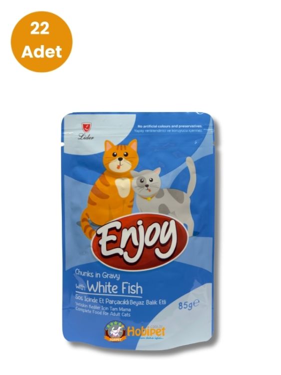 Enjoy Sos İçinde Et Parçacıklı Beyaz Balıklı Yetişkin Kedi Pouch Maması 85 gr x 22 Adet