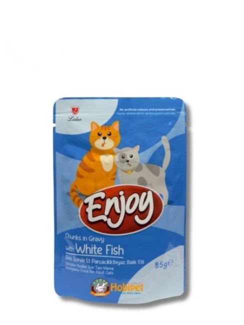 Enjoy - Enjoy Sos İçinde Et Parçacıklı Beyaz Balıklı Yetişkin Kedi Pouch Maması 85 gr