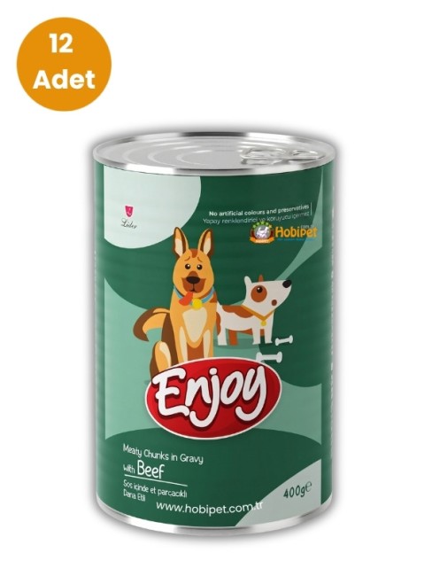 Enjoy - Enjoy Sos İçinde Et Parçacıklı Dana Etli Köpek Konservesi 400 gr (12 Adet)
