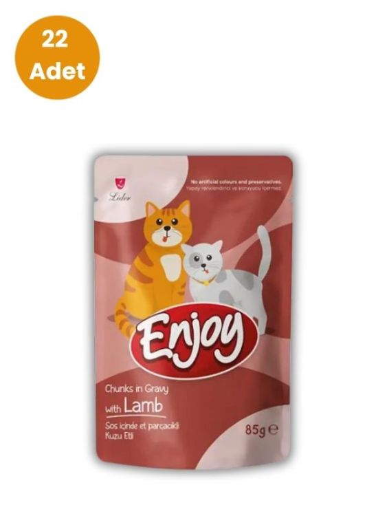 Enjoy Sos İçinde Et Parçacıklı Kuzu Etli Yetişkin Kedi Pouch Maması 85 Gr x 22 Adet