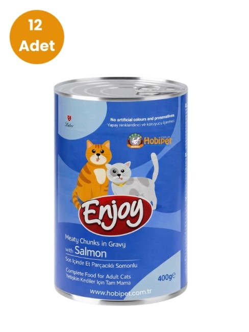 Enjoy - Enjoy Sos İçinde Et Parçacıklı Somonlu Yetişkin Kedi Konservesi 400 gr (12 Adet)