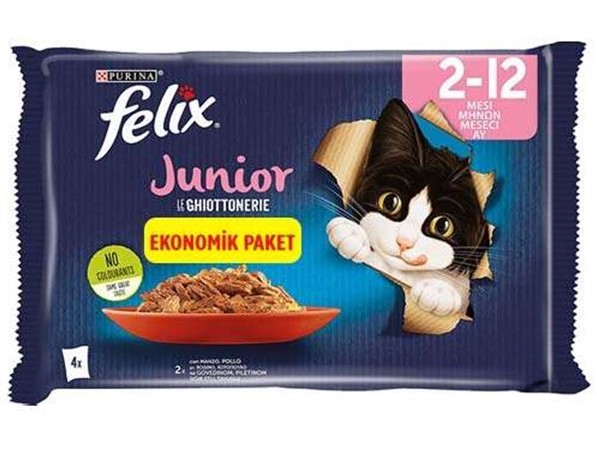 Felix Junior Ekonomik Paket Sığır Etli Tavuklu Yavru Kedi Pouch 4 Lü 85 Gr X 12 Adet