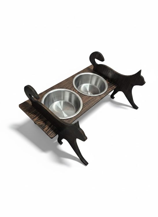 Hobi Kedi Şekilli Ahşap Ayaklı İkili Oval Çelik Mama Kabı (EF320)