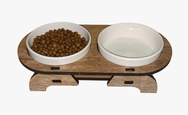 Hobi - Hobi Ahşap Ayaklı Seramik İkili Oval Mama Kabı