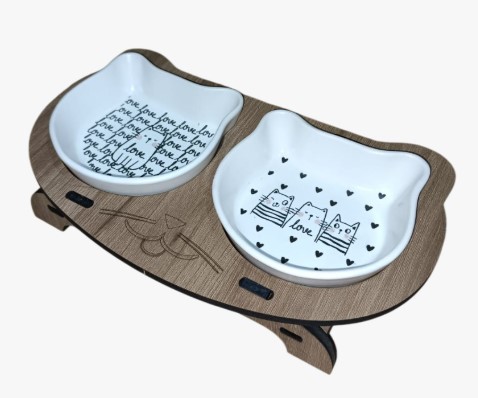 Hobi - Hobi Ahşap Kedi Şekilli Ayaklı Seramik İkili Mama Kabı