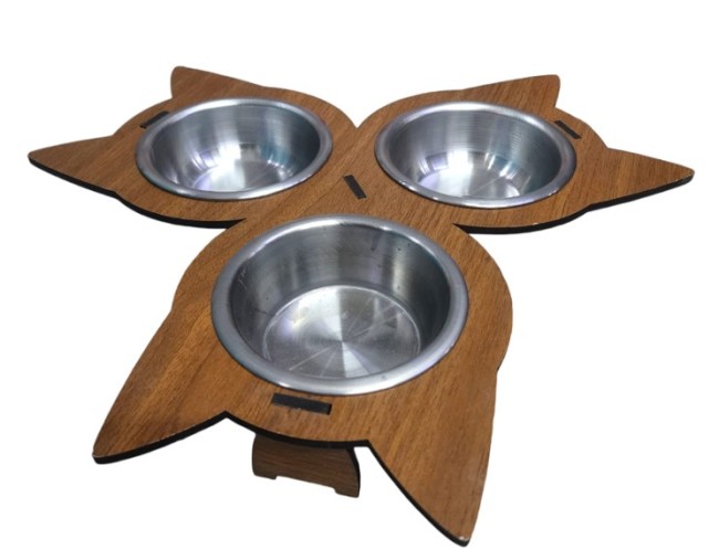 Hobi - Hobi Ahşap Kulaklı Ayaklı 3 Lü Metal Kedi Köpek Mama Ve Su Kabı Ef326