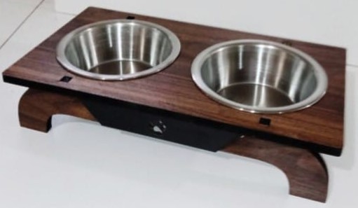 Hobi - Hobi Köşeli Ahşap Ayaklı İkili Metal Kedi Köpek Mama Ve Su Kabı Ef325