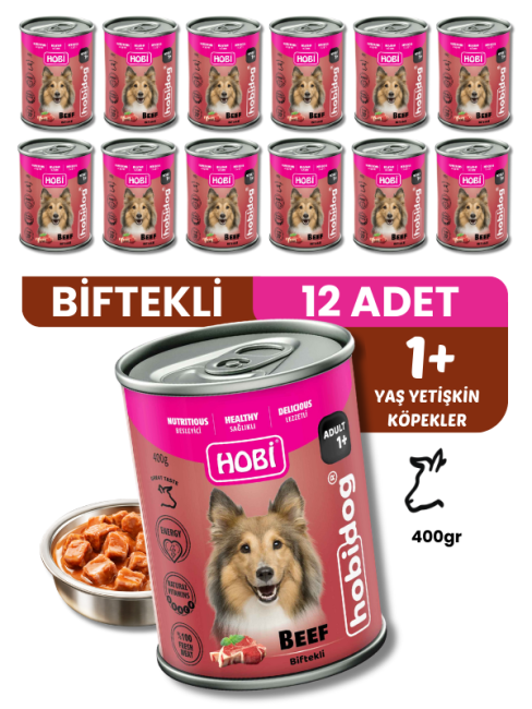 Hobi - Hobi Hobidog Biftekli Yetişkin Köpek Konservesi 400 Gr X 12 Adet