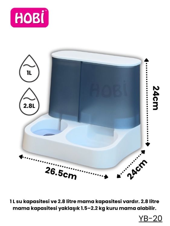 Hobi YB-20 İkisi Bir Arada Kedi & Köpek Mama-Su Kabı 2.8 L + 1 L