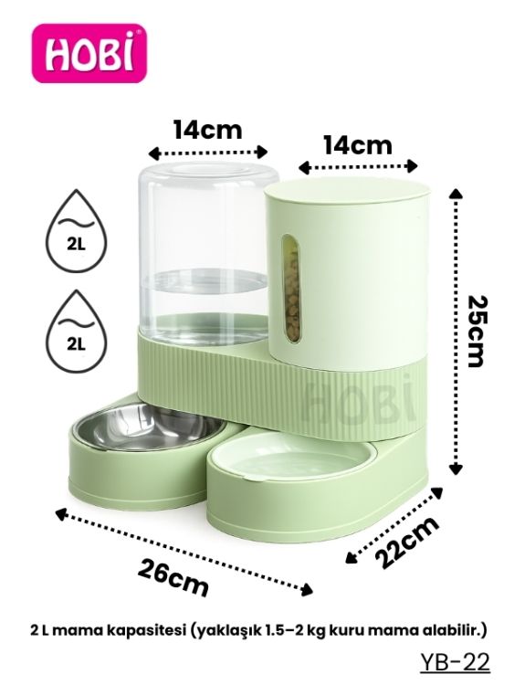 Hobi YB-22 Otomatik Rezervli Kedi & Köpek Mama ve Su Kabı 2 L + 2 L Çiftli