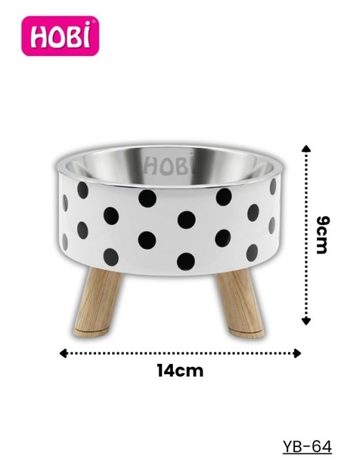 Hobi - Hobi YB-64 Siyah Puantiyeli Plastik Ayaklı Paslanmaz Çelik Mama Kabı 14 cm