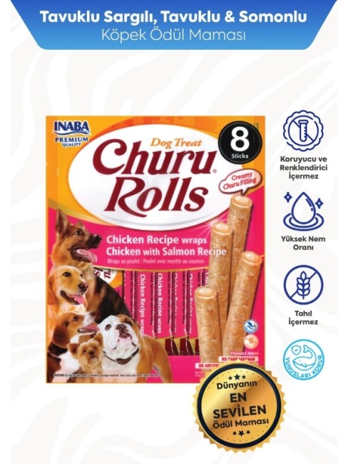 İnaba - İnaba Tavuk Sargılı ve Somonlu Churu Rolls Köpek Ödül Maması 12 gr x 8 Adet