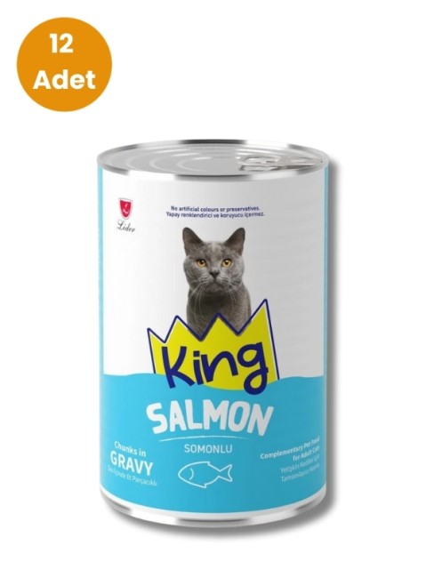 King - King Sos İçerisinde Et Parçacıklı Somonlu Kedi Konservesi 400 gr (12 Adet)