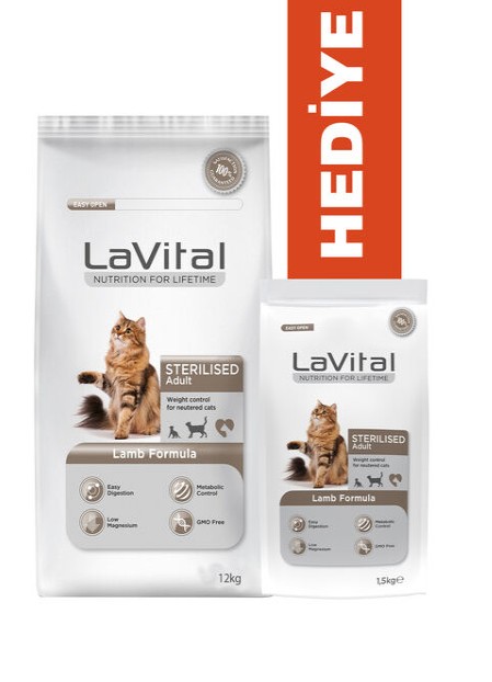 Lavital - Lavital Sterilised Kuzu Etli Kısır Kedi Maması 12 Kg + 1.5 Kg Hediyeli