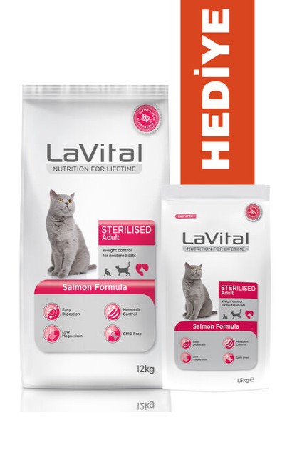 Lavital - Lavital Sterilised Somonlu Kısır Kedi Maması 12 Kg + 1.5 Kg Hediyeli