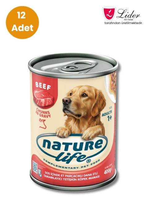 NatureLife - Naturelife Dana Etli Sos İçinde Parça Etli Yetişkin Köpek Konservesi 400 Gr x 12 Adet
