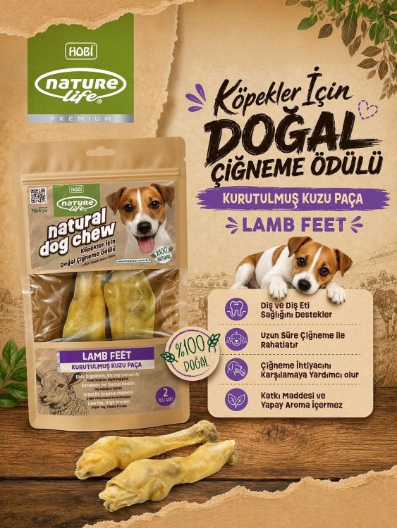Naturelife Kurutulmuş Kuzu Paça Köpek Çiğneme Ödülü 2′li - 1