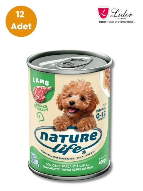 NatureLife - Naturelife Kuzulu Sos İçinde Parça Etli Yavru Köpek Konservesi 400 Gr x 12 Adet
