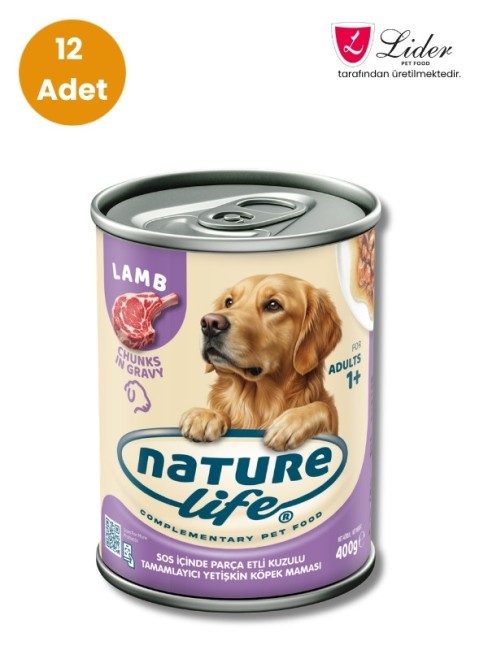 NatureLife - Naturelife Kuzulu Sos İçinde Parça Etli Yetişkin Köpek Konservesi 400 Gr x 12 Adet