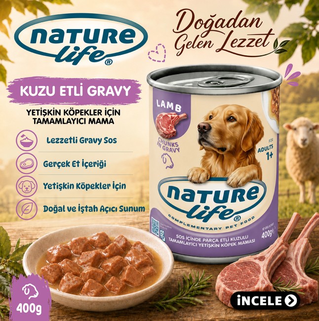 NatureLife - Naturelife Kuzulu Sos İçinde Parça Etli Yetişkin Köpek Konservesi 400 Gr