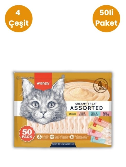 Wanpy - Wanpy 4 Çeşit Karışık Krema Kedi Ödülü 50 x 14 Gr