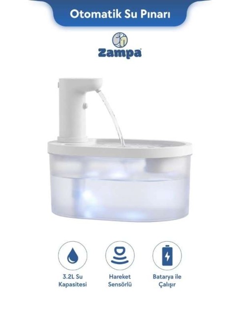 Zampa PF-010 Oval Pet Otomatik Su Pınarı Bataryalı Beyaz 3.2 Litre - Thumbnail