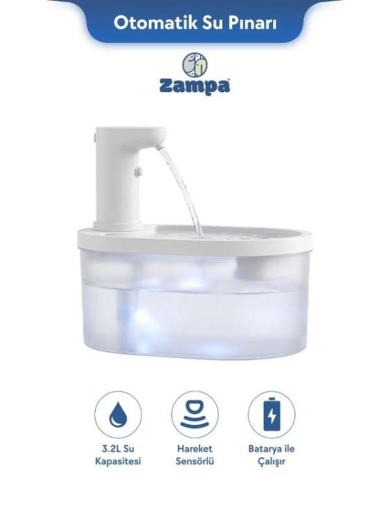 Zampa PF-010 Oval Pet Otomatik Su Pınarı Bataryalı Beyaz 3.2 Litre