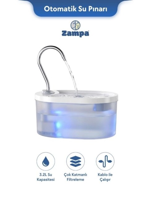 Zampa PWF-01 Oval Pet Otomatik Su Pınarı Beyaz 3.2 Litre - Thumbnail
