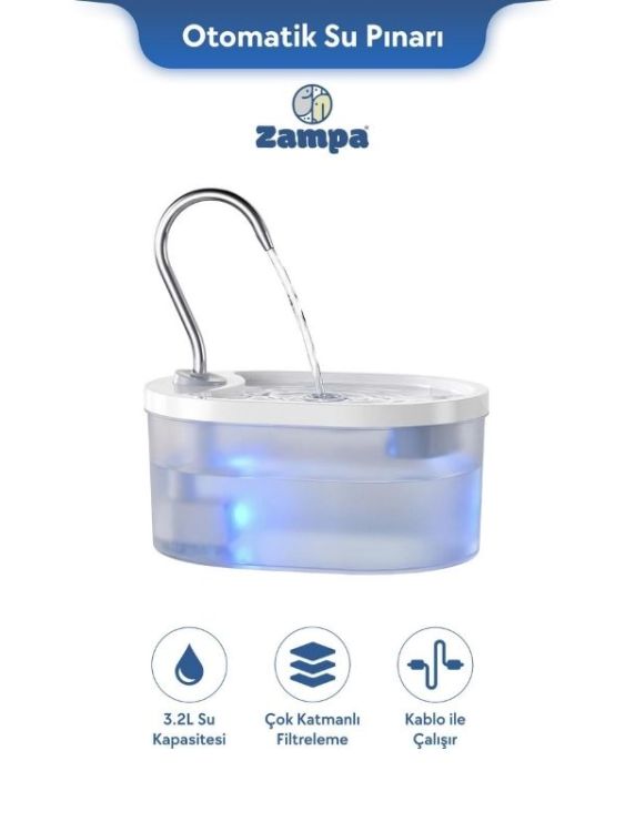 Zampa PWF-01 Oval Pet Otomatik Su Pınarı Beyaz 3.2 Litre
