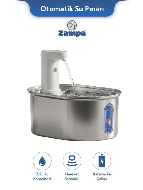 Zampa SPF-02TR Oval Paslanmaz Çelik Pet Otomatik Su Pınarı Bataryalı 3.2 Litre - Thumbnail