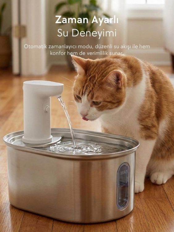 Zampa SPF-02TR Oval Paslanmaz Çelik Pet Otomatik Su Pınarı Bataryalı 3.2 Litre