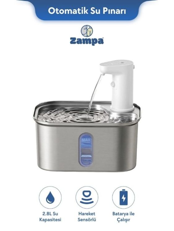 Zampa SPF-05-TR Kare Paslanmaz Çelik Pet Otomatik Su Pınarı Bataryalı 2.8 Litre