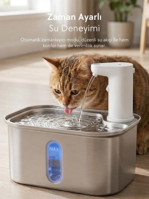 Zampa SPF-05-TR Kare Paslanmaz Çelik Pet Otomatik Su Pınarı Bataryalı 2.8 Litre - Thumbnail