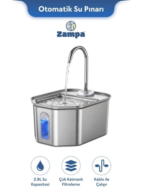 Zampa SPF-06-C Altıgen Paslanmaz Çelik Pet Otomatik Su Pınarı 2.8 Litre - Thumbnail