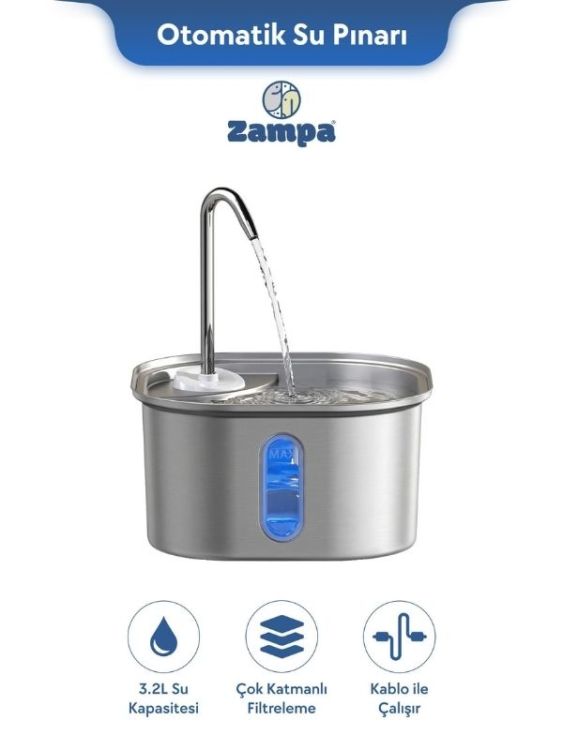 Zampa SPF-07-C Kare Paslanmaz Çelik Pet Otomatik Su Pınarı Bataryalı 2.8 Litre