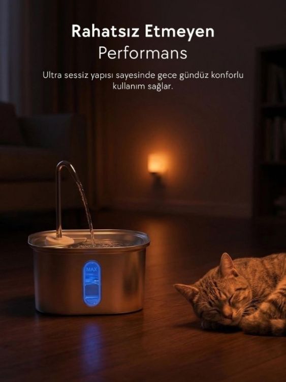 Zampa SPF-07-C Kare Paslanmaz Çelik Pet Otomatik Su Pınarı Bataryalı 2.8 Litre