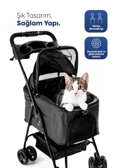 Zampa Verstappen Ayrılabilir Pusetli Lüks Kedi & Köpek Arabası Siyah SP02F-B - Thumbnail